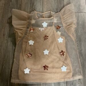 TCEC Beige Sheer Blouse with Star Accents, Size Large
